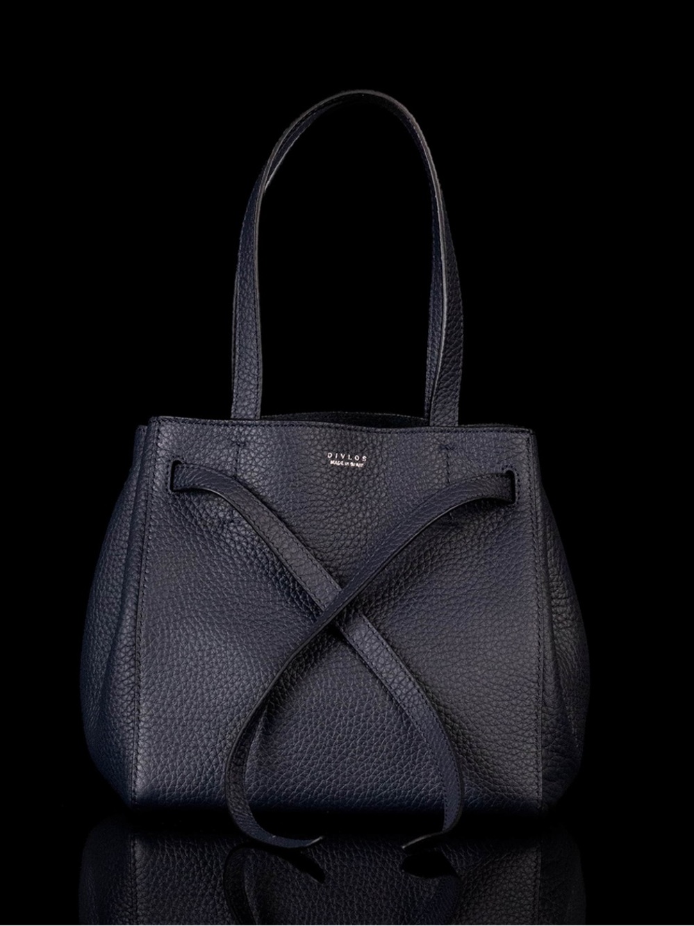 DIVLOS Olivia Navy Blue Grained Calfskin Leather Tote Bag with Crossbody Strap